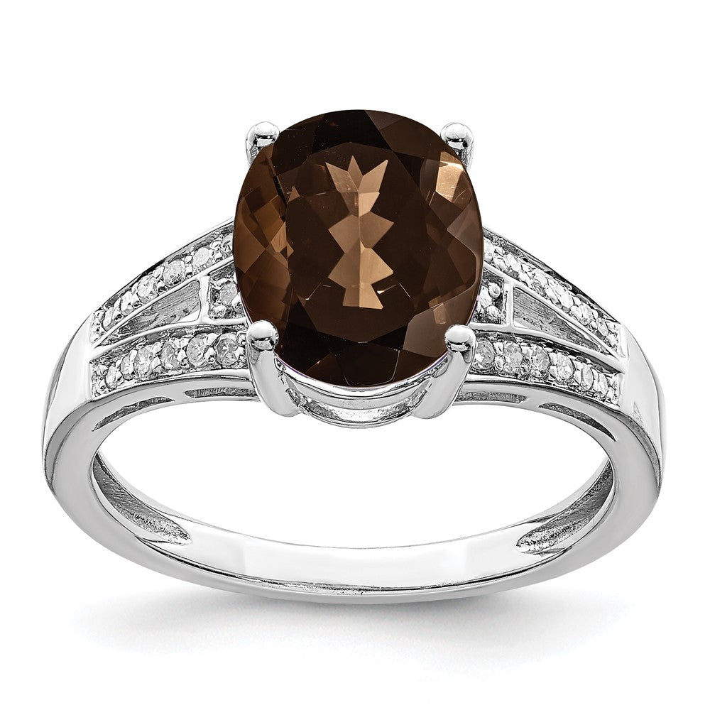 Sterling Silver Rhodium Diam. & Oval Smoky Quartz Ring