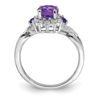 Sterling Silver Rhodium-plated Diamond & Oval Amethyst Ring