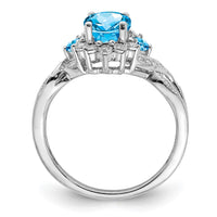 Sterling Silver Rhodium Diam. & Oval Blue Topaz Ring