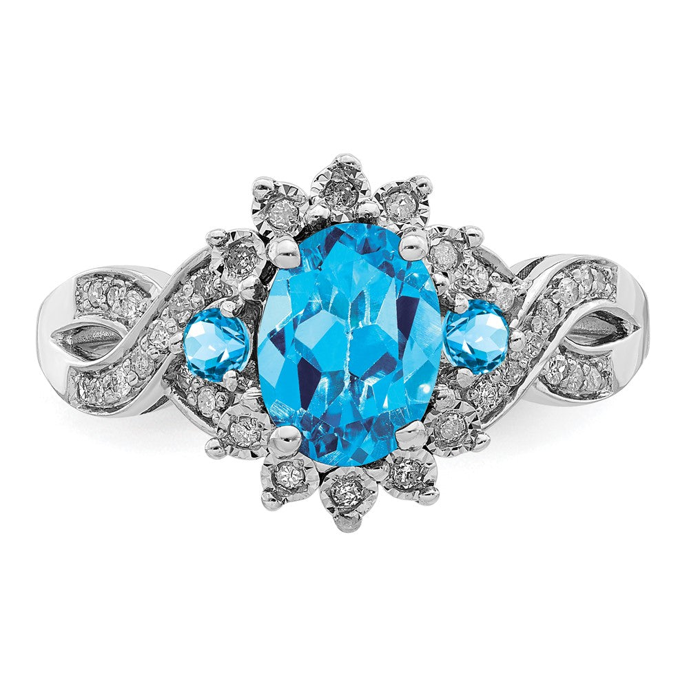 Sterling Silver Rhodium Diam. & Oval Blue Topaz Ring