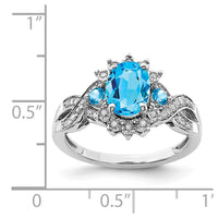 Sterling Silver Rhodium Diam. & Oval Blue Topaz Ring
