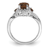 Sterling Silver Rhodium Diam. & Oval Smoky Quartz Ring