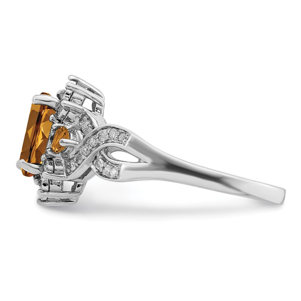 Sterling Silver Rhodium Diam. & Oval Whiskey Quartz Ring