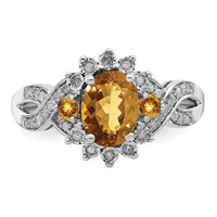 Sterling Silver Rhodium Diam. & Oval Whiskey Quartz Ring