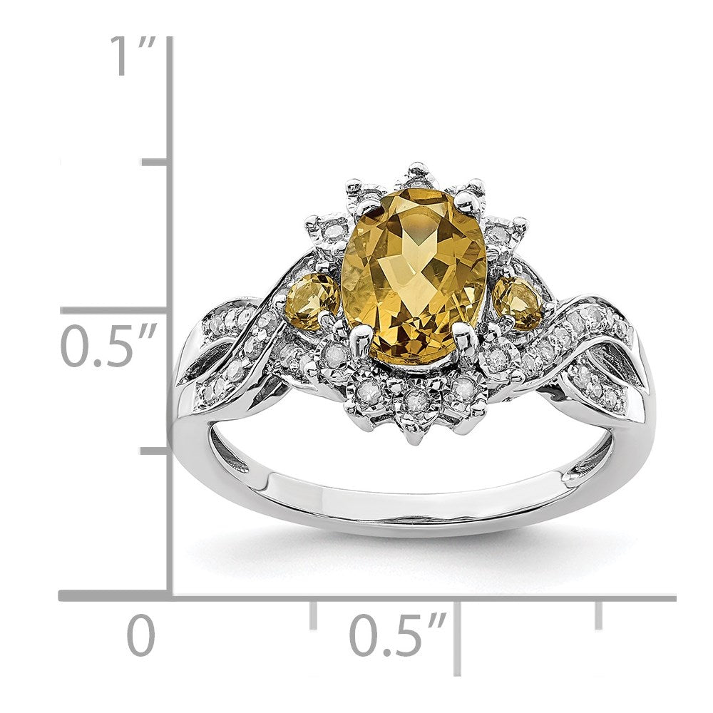 Sterling Silver Rhodium Diam. & Oval Whiskey Quartz Ring