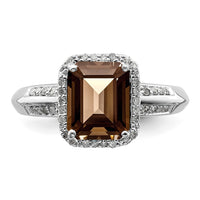 Sterling Silver Rhodium Octagonal Diam. & Smoky Quartz Ring