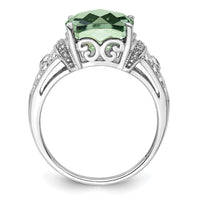 Sterling Silver Rhodium Diam. & Checker-Cut Green Quartz Ring