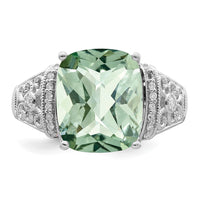 Sterling Silver Rhodium Diam. & Checker-Cut Green Quartz Ring