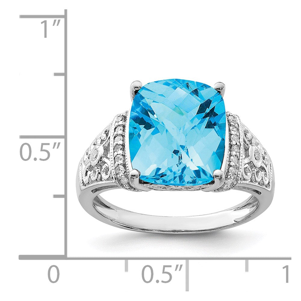Sterling Silver Rhodium Checker-Cut Blue Topaz & Diam. Ring