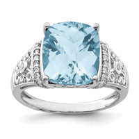 Sterling Silver Rhodium Diam. & Checker-Cut Sky Blue Topaz Ring