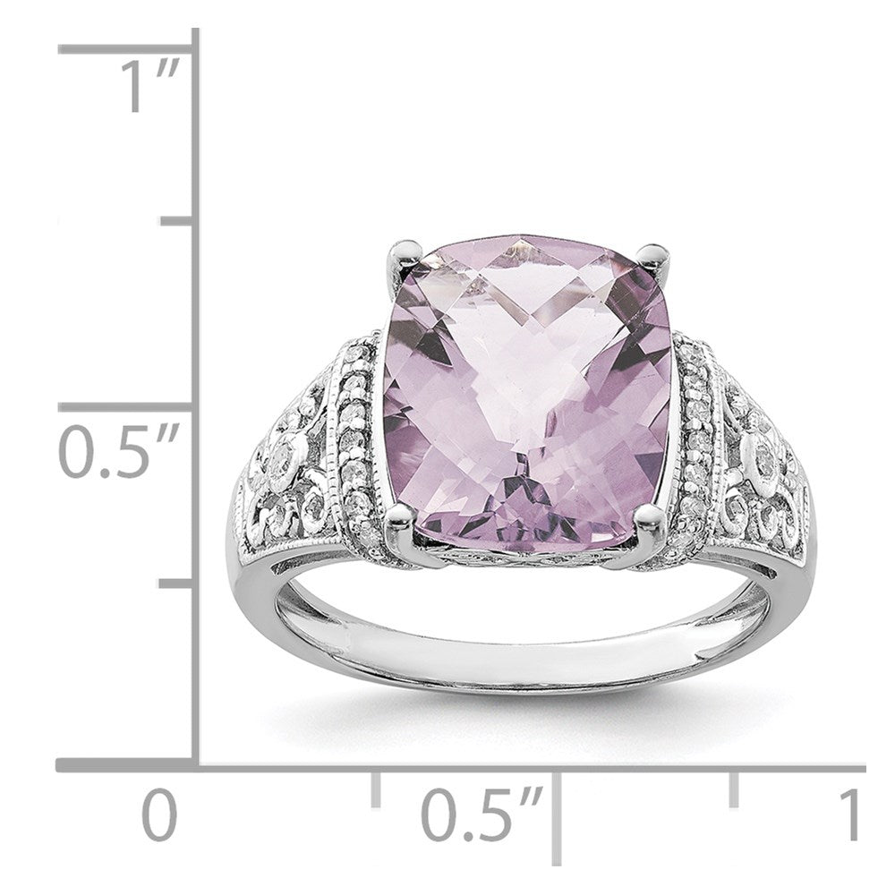 Sterling Silver Rhodium Diam. & Checker-Cut Pink Quartz Ring