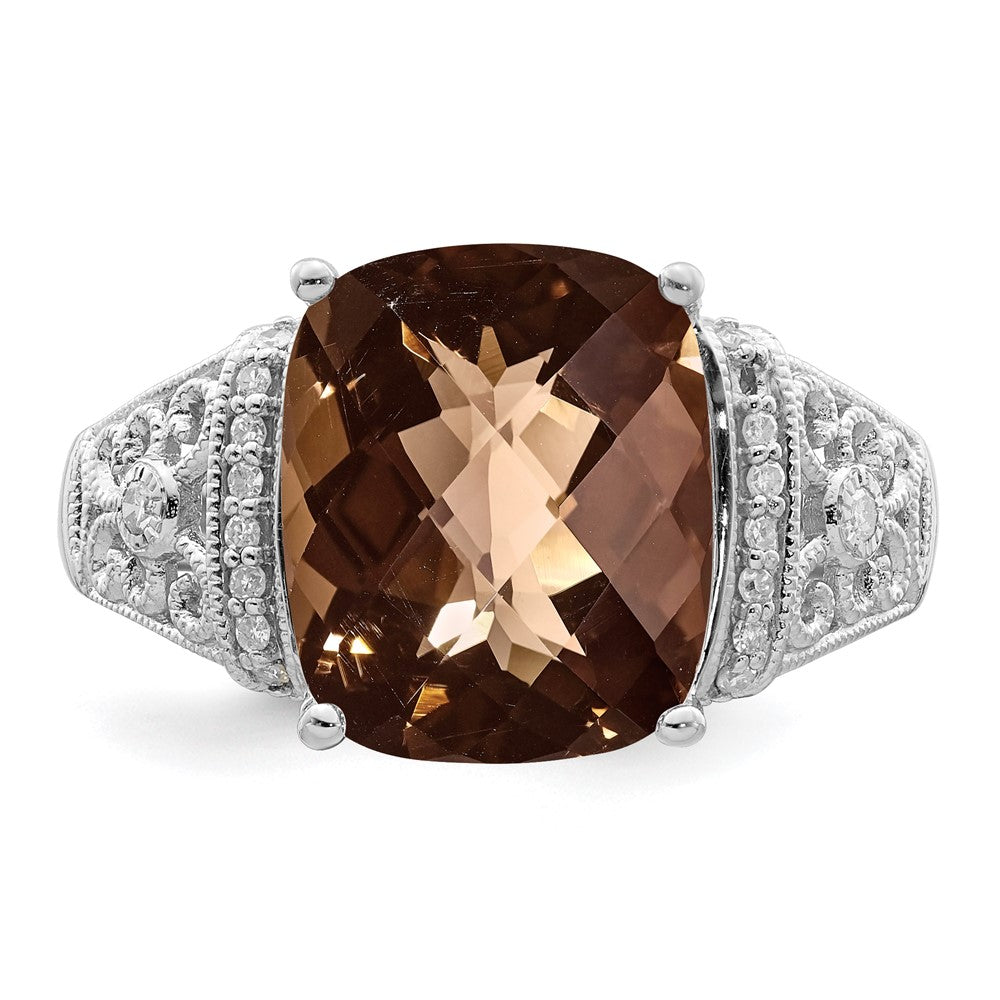 Sterling Silver Rhodium Diam. & Checker-Cut Smoky Quartz Ring