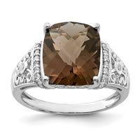 Sterling Silver Rhodium Diam. & Checker-Cut Smoky Quartz Ring