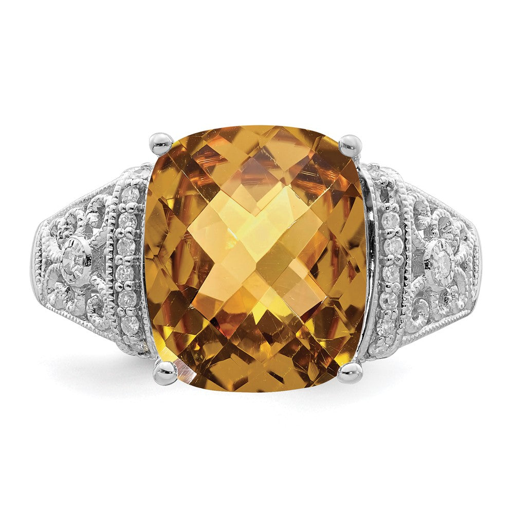 Sterling Silver Rhodium Diam. & Checker-Cut Whiskey Quartz Ring