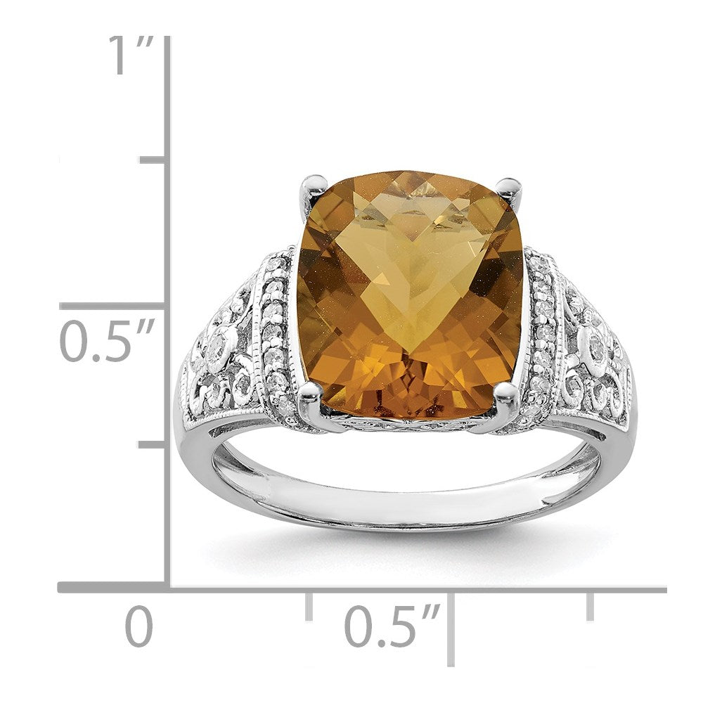 Sterling Silver Rhodium Diam. & Checker-Cut Whiskey Quartz Ring