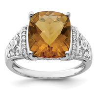Sterling Silver Rhodium Diam. & Checker-Cut Whiskey Quartz Ring