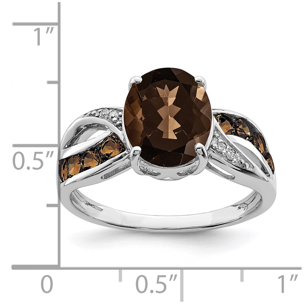 Sterling Silver Rhodium Diam. & Smoky Quartz Ring