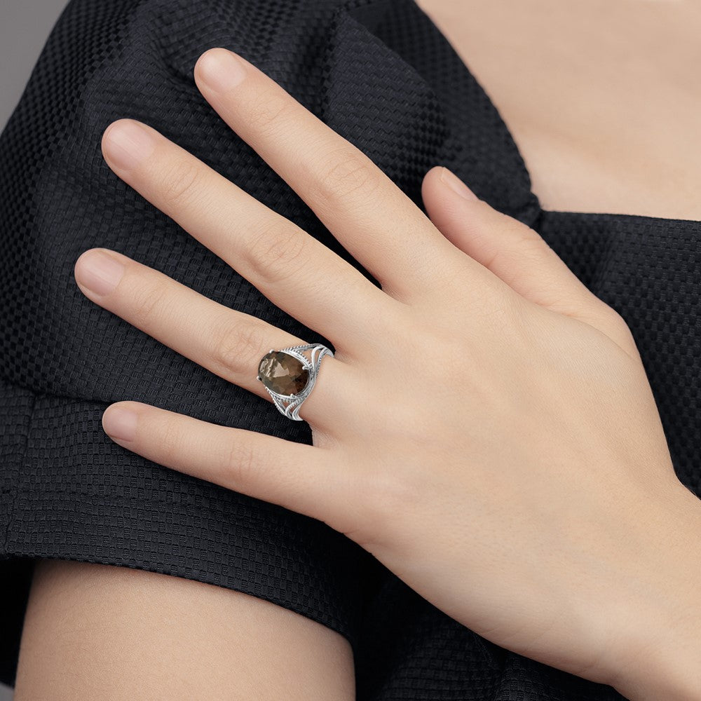 Sterling Silver Rhodium Oval Smoky Quartz Ring