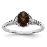 Sterling Silver Rhodium Oval Smoky Quartz & Diam. Ring