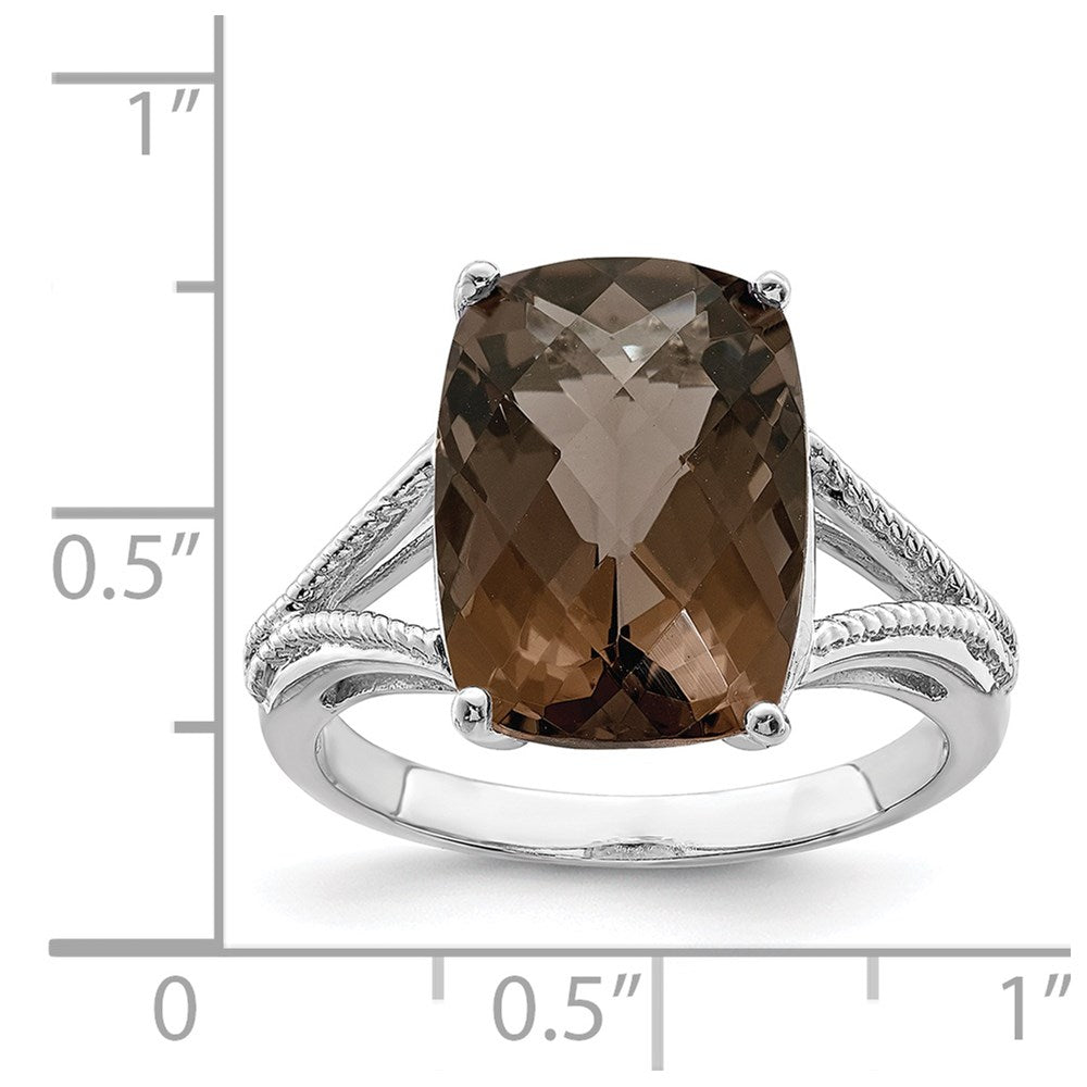 Sterling Silver Rhodium Checker-Cut Smoky Quartz Ring