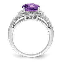 Sterling Silver Rhodium-plated Checker-Cut Amethyst & Diamond Ring