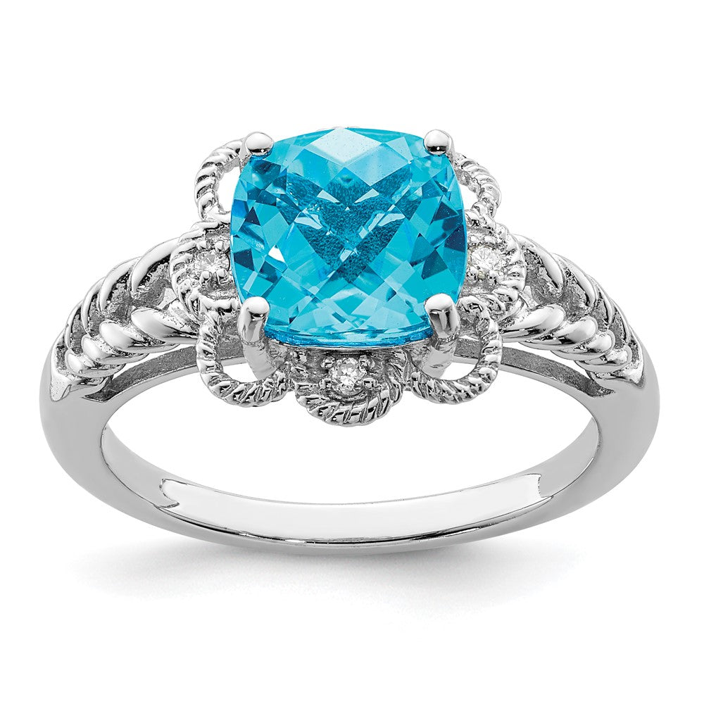 Sterling Silver Rhodium Checker-Cut Blue Topaz & Diam. Ring