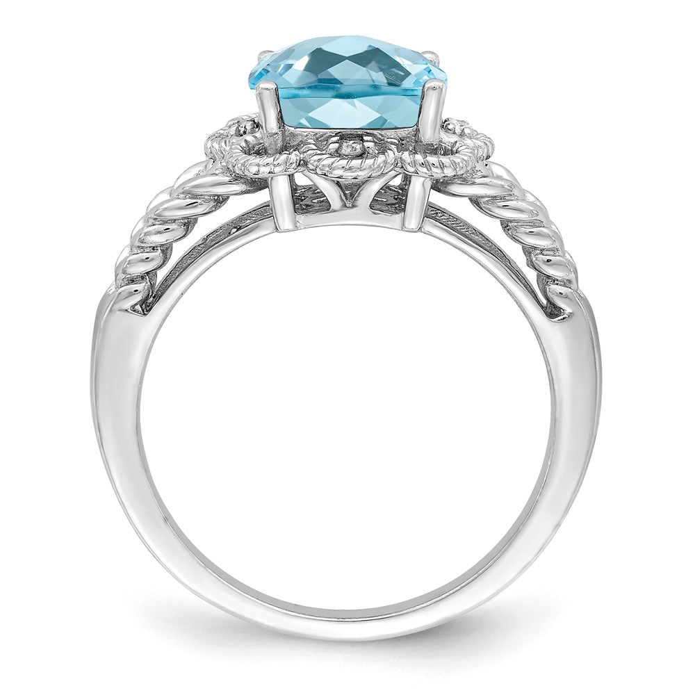 Sterling Silver Rhodium Checker-Cut Sky Blue Topaz & Diam. Ring