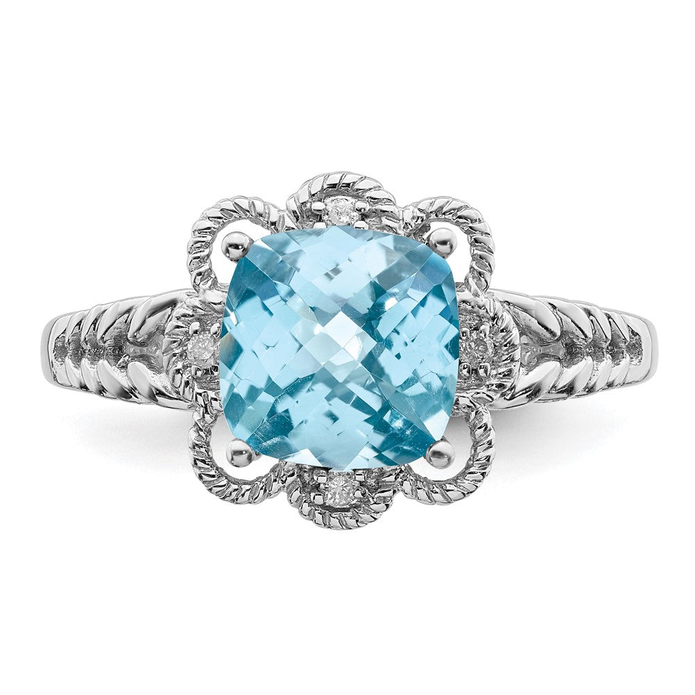 Sterling Silver Rhodium Checker-Cut Sky Blue Topaz & Diam. Ring