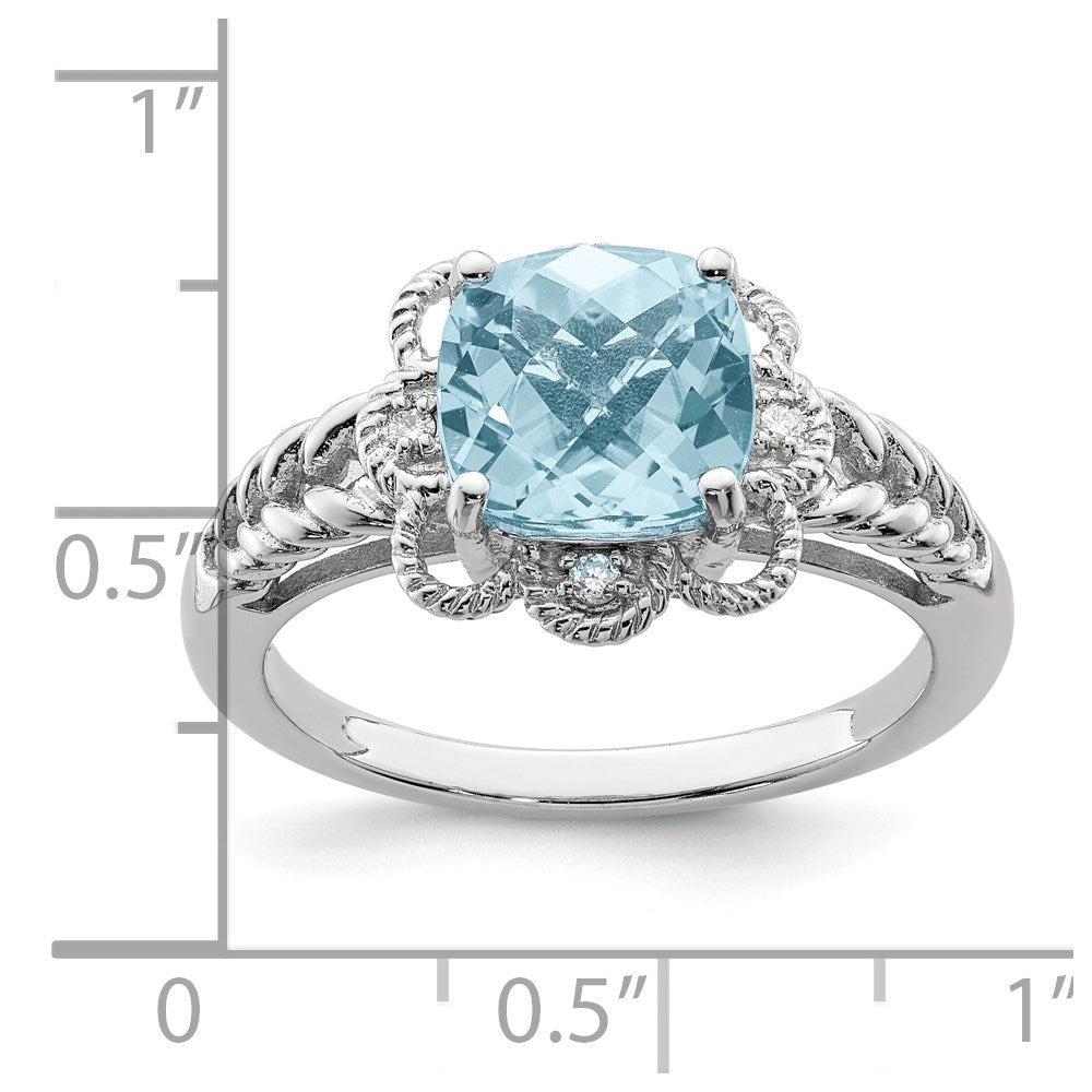 Sterling Silver Rhodium Checker-Cut Sky Blue Topaz & Diam. Ring