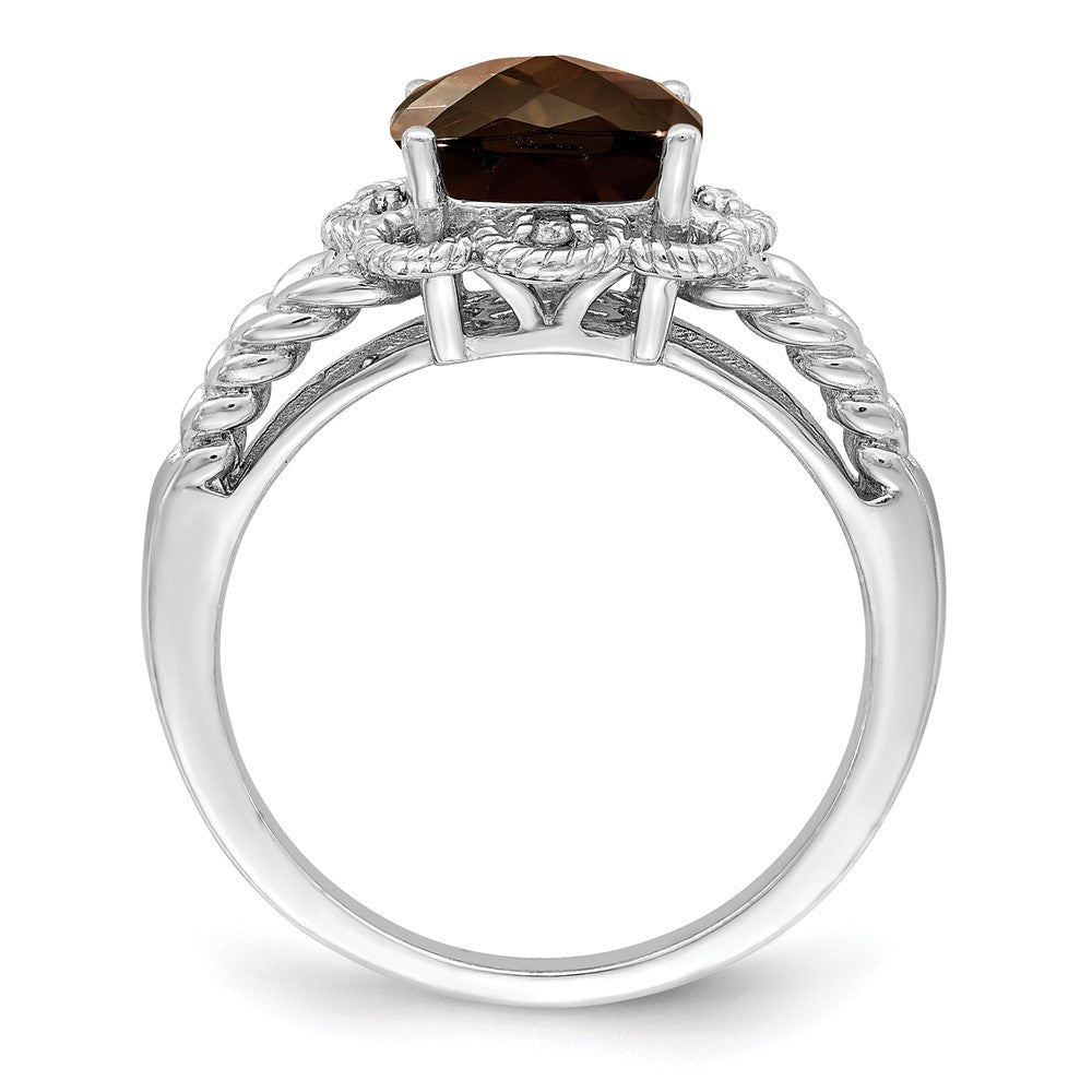Sterling Silver Rhodium Checker-Cut Smoky Quartz & Diam. Ring