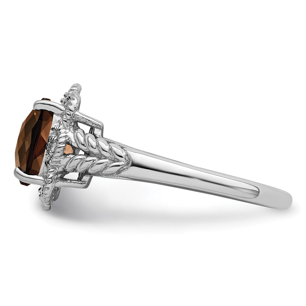 Sterling Silver Rhodium Checker-Cut Smoky Quartz & Diam. Ring