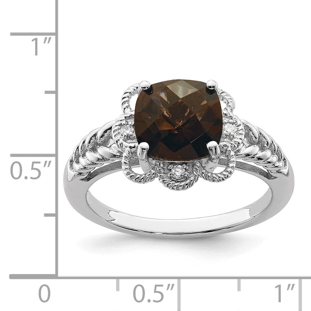 Sterling Silver Rhodium Checker-Cut Smoky Quartz & Diam. Ring