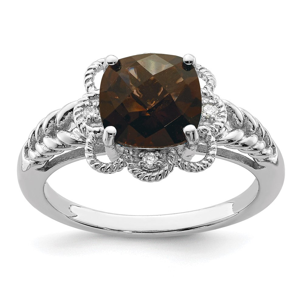 Sterling Silver Rhodium Checker-Cut Smoky Quartz & Diam. Ring