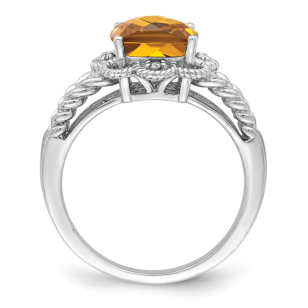 Sterling Silver Rhodium Checker-Cut Whiskey Quartz & Diam. Ring