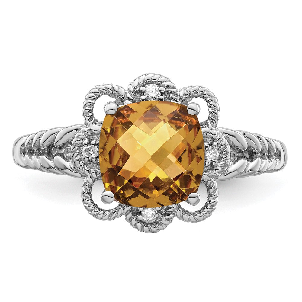 Sterling Silver Rhodium Checker-Cut Whiskey Quartz & Diam. Ring