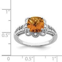Sterling Silver Rhodium Checker-Cut Whiskey Quartz & Diam. Ring