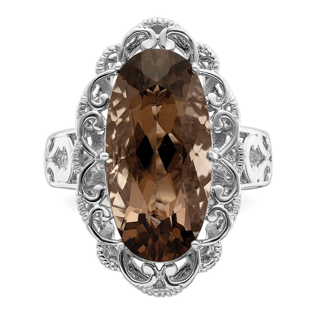 Sterling Silver Rhodium Oval Smoky Quartz Ring