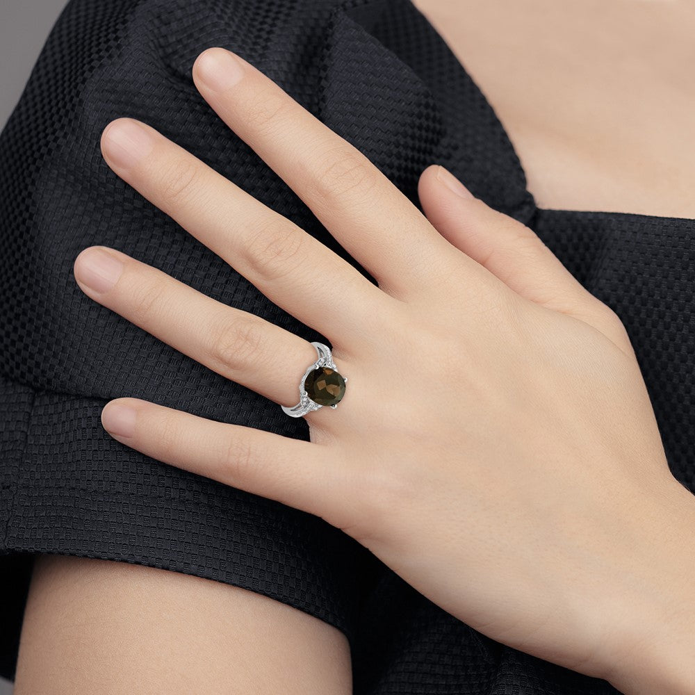 Sterling Silver Rhodium Oval Smoky Quartz & Diam. Ring