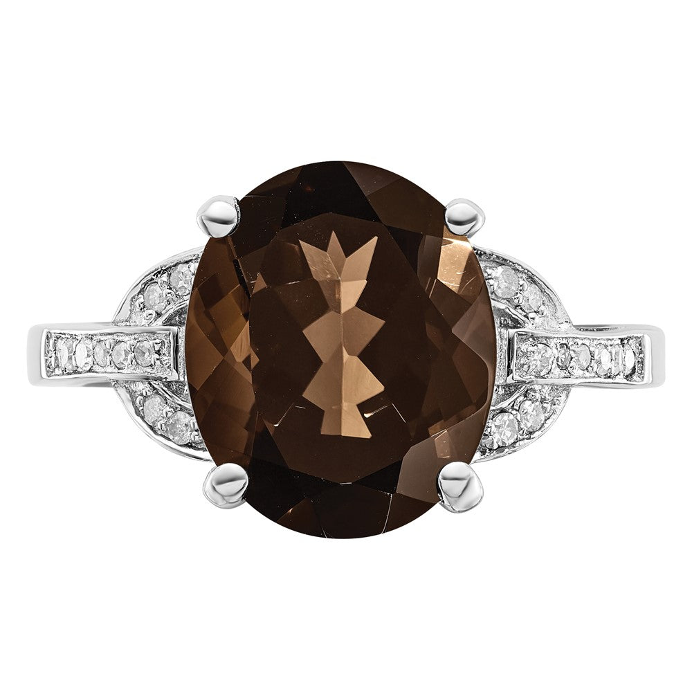 Sterling Silver Rhodium Oval Smoky Quartz & Diam. Ring