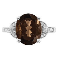 Sterling Silver Rhodium Oval Smoky Quartz & Diam. Ring
