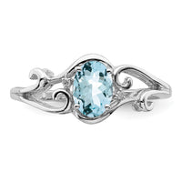 Sterling Silver Rhodium Plated Diamond & Aquamarine Oval Ring