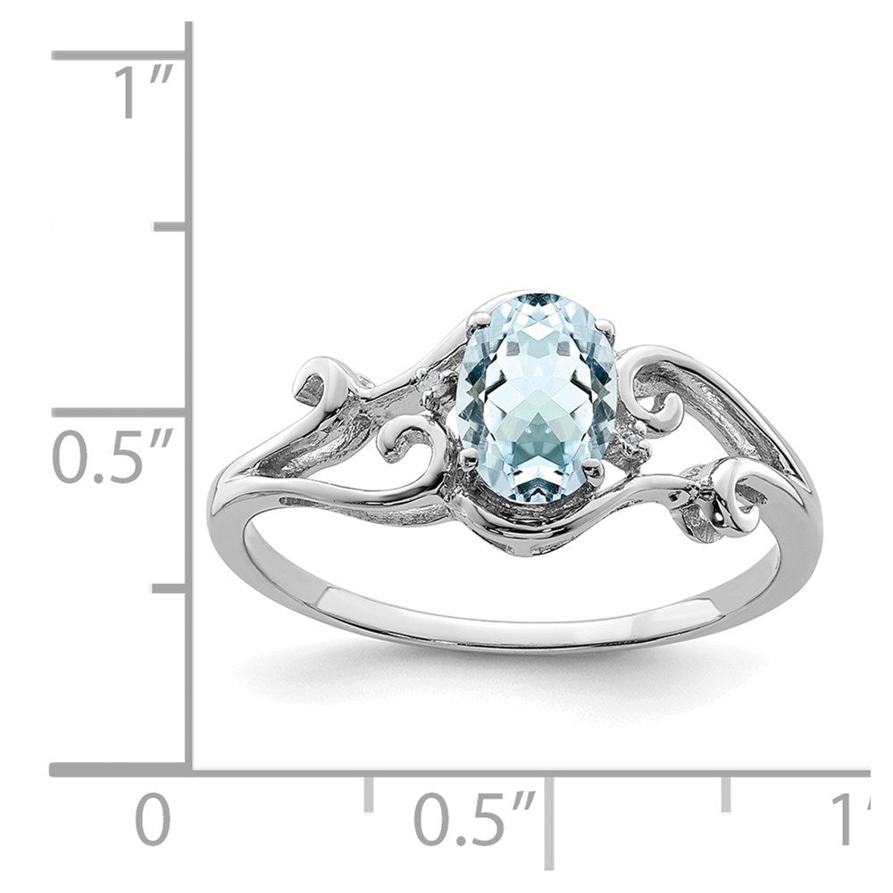 Sterling Silver Rhodium Plated Diamond & Aquamarine Oval Ring