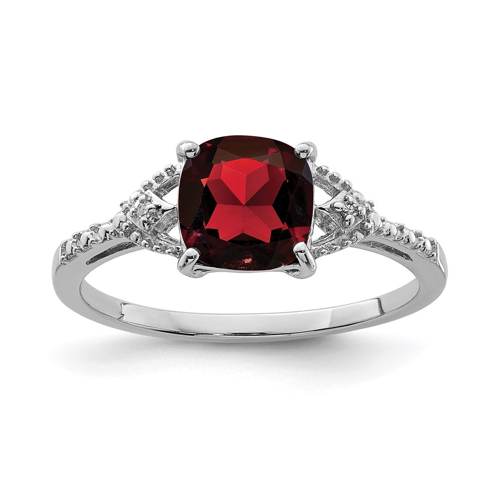 Sterling Silver Rhodium Plated Diamond and Garnet Ring