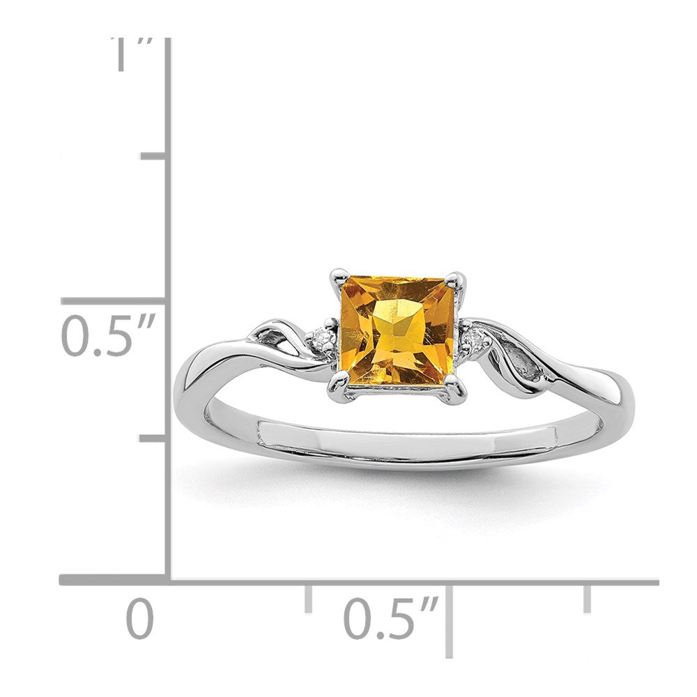 Sterling Silver Rhodium Plated Diamond & Citrine Square Ring