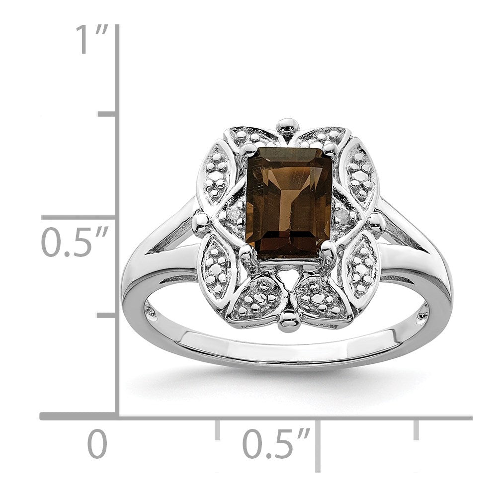 Sterling Silver Rhodium Diam. & Smoky Quartz Ring