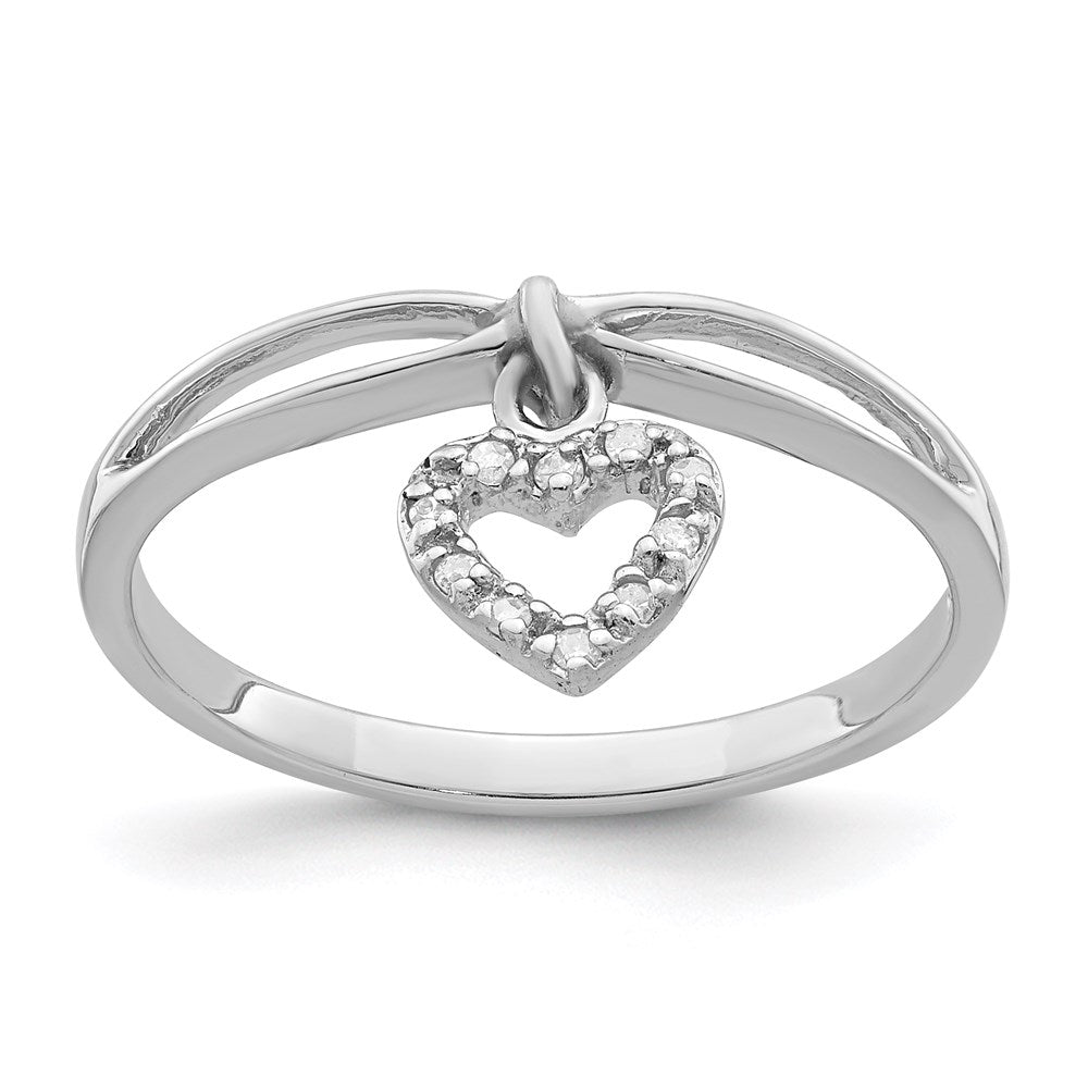 Sterling Silver Rhodium Plated Diamond Heart Dangle Ring