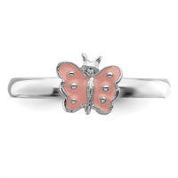 Sterling Silver RH-pltd Polished Pink Enameled Butterfly Size 3 Ring