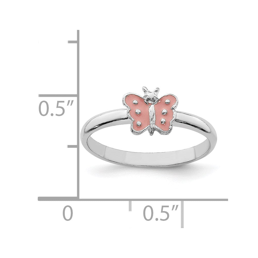 Sterling Silver RH-pltd Polished Pink Enameled Butterfly Size 3 Ring