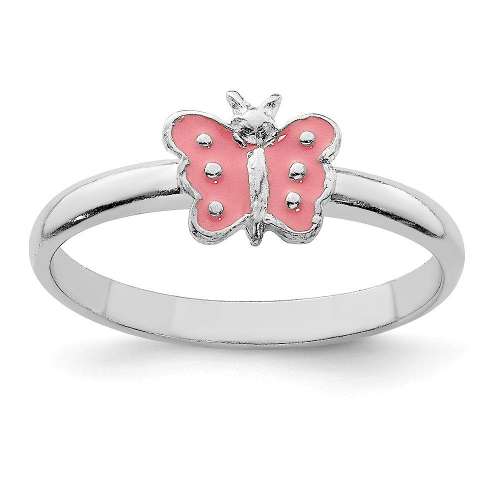 Sterling Silver RH-pltd Polished Pink Enameled Butterfly Size 3 Ring