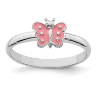 Sterling Silver RH-pltd Polished Pink Enameled Butterfly Size 3 Ring